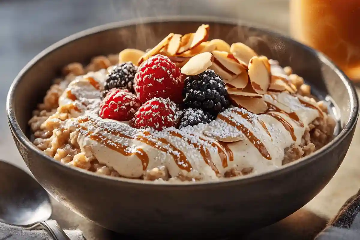 Bowl of almond croissant oatmeal topped with sliced almonds, a drizzle of almond cream, powdered sugar, and fresh berries.