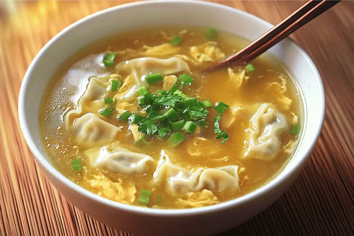 A close-up of wonton egg drop soup in a white ceramic bowl, taken with an iPhone 8. The soup features tender wontons, silky egg ribbons, and garnished with fresh green onions, sitting on a wooden surface with chopsticks and soy sauce in the background.