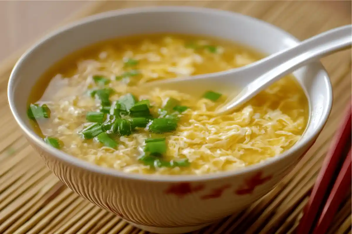 A bowl of wonton egg drop soup with tender wontons, golden broth, and silky egg ribbons, garnished with green onions and cilantro.