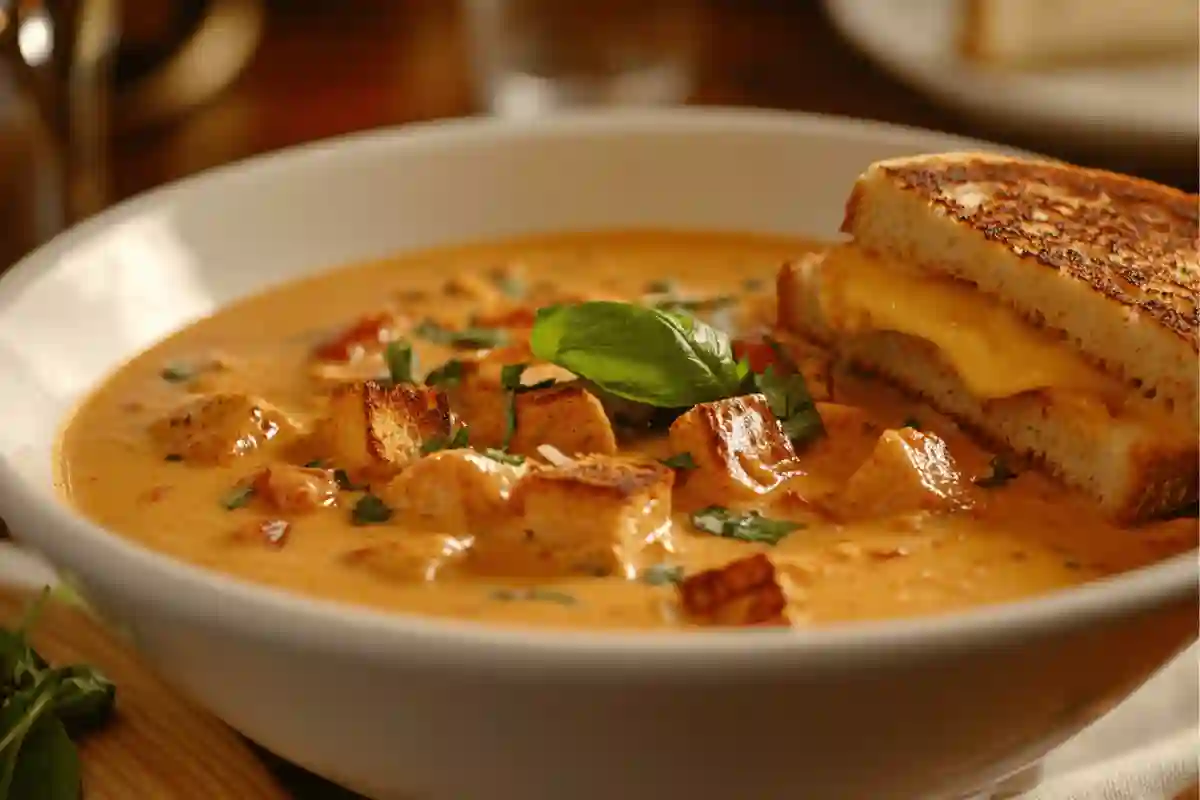 A creamy bowl of roasted red pepper gouda soup garnished with fresh basil, parsley, and croutons, served alongside a golden grilled cheese sandwich on a wooden table in a cozy kitchen setting.