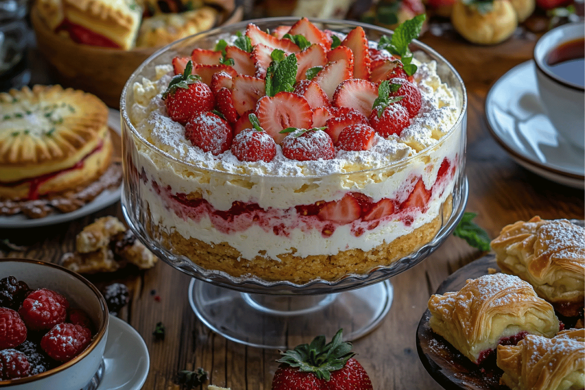 A vibrant dessert platter featuring a strawberry trifle with cottage cheese mousse, golden rugelach cookies, a slice of cottage cheese cheesecake with fresh berries, and puff pastry turnovers, all arranged on a rustic wooden table with tea and powdered sugar accents.