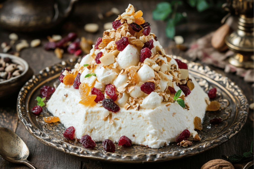 A pyramid-shaped Pashka dessert made with creamy cottage cheese, adorned with dried fruit and nuts, and served on a decorative plate.