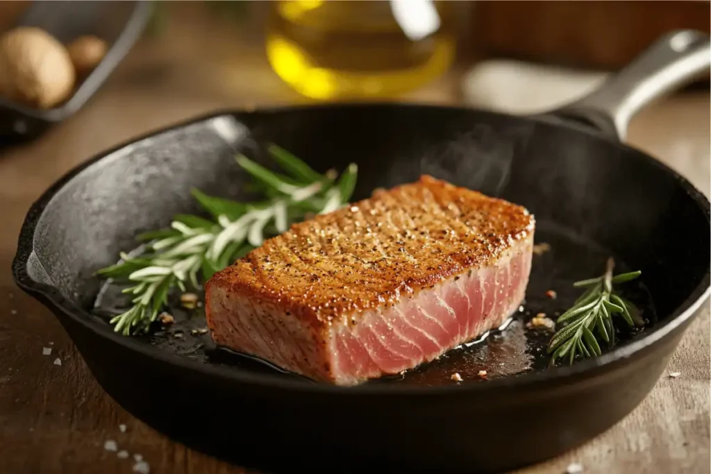 A seared bluefin tuna steak sizzling in a cast-iron skillet with a golden crust, accompanied by rosemary sprigs and olive oil on a warm kitchen countertop.