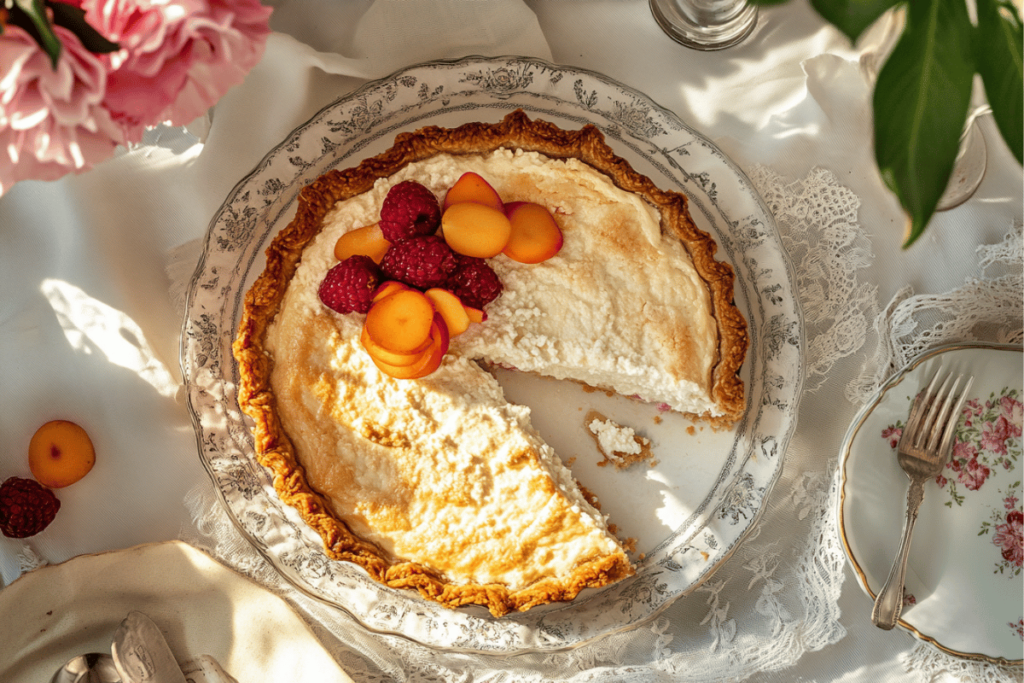 A slice of vintage-style pie with a creamy cottage cheese filling, resting in a flaky crust, topped with fresh fruit slices and served alongside a dollop of whipped cream.