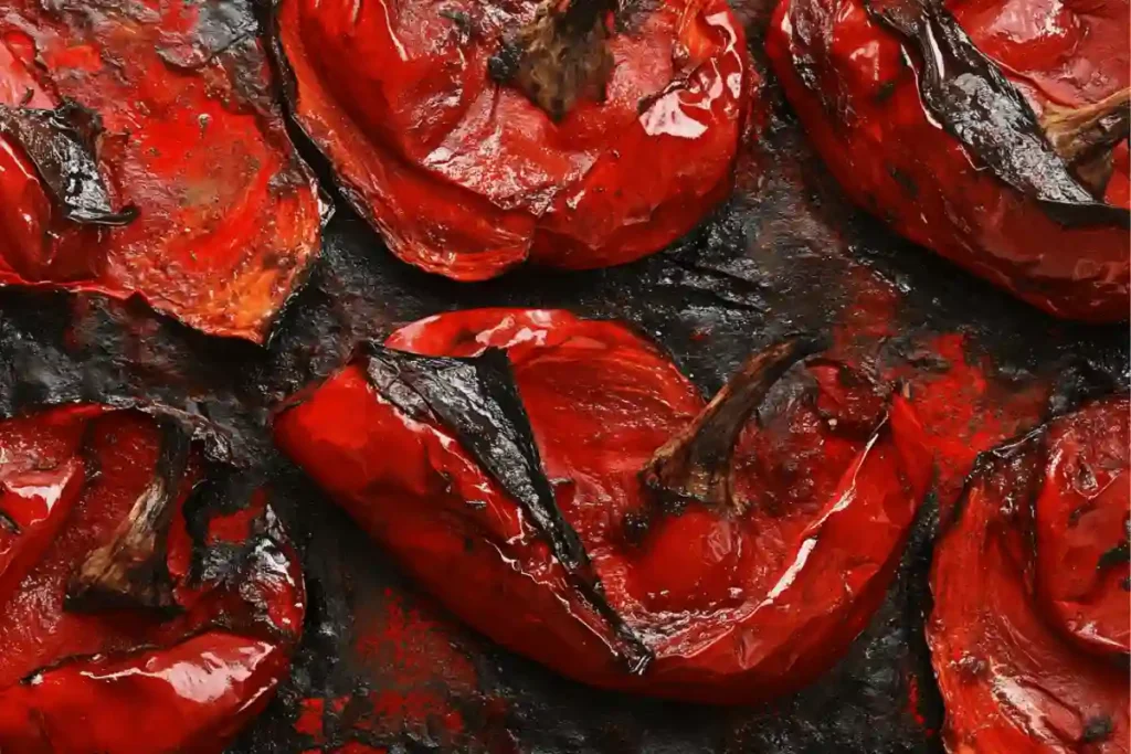 A close-up image of roasted red peppers with charred skin, arranged on a baking tray 