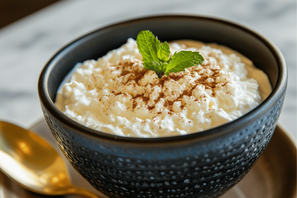 A bowl of creamy cottage cheese topped with a sprig of fresh mint and a sprinkle of cinnamon, highlighting its smooth texture and versatility.