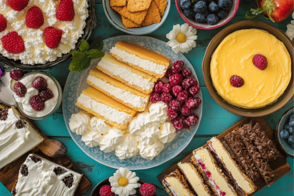 A colorful table spread featuring an array of cottage cheese desserts, including cheesecake slices, mousses, strawberry blintzes, and golden-brown cookies, inviting a sense of variety and indulgence.