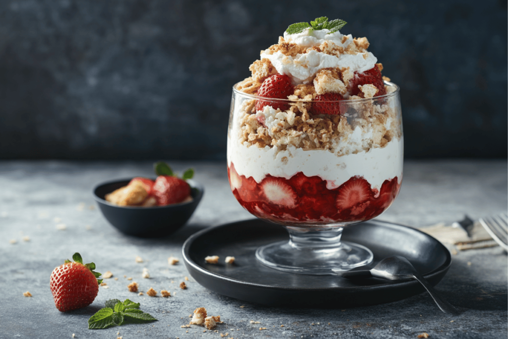 A glass trifle dish layered with creamy cottage cheese, vibrant strawberries, and soft ladyfingers, topped with a dollop of whipped cream.