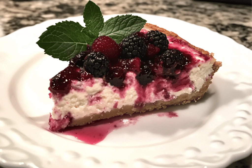 A slice of light cottage cheese cheesecake drizzled with bright red berry compote, garnished with a sprig of mint, set on a white plate.