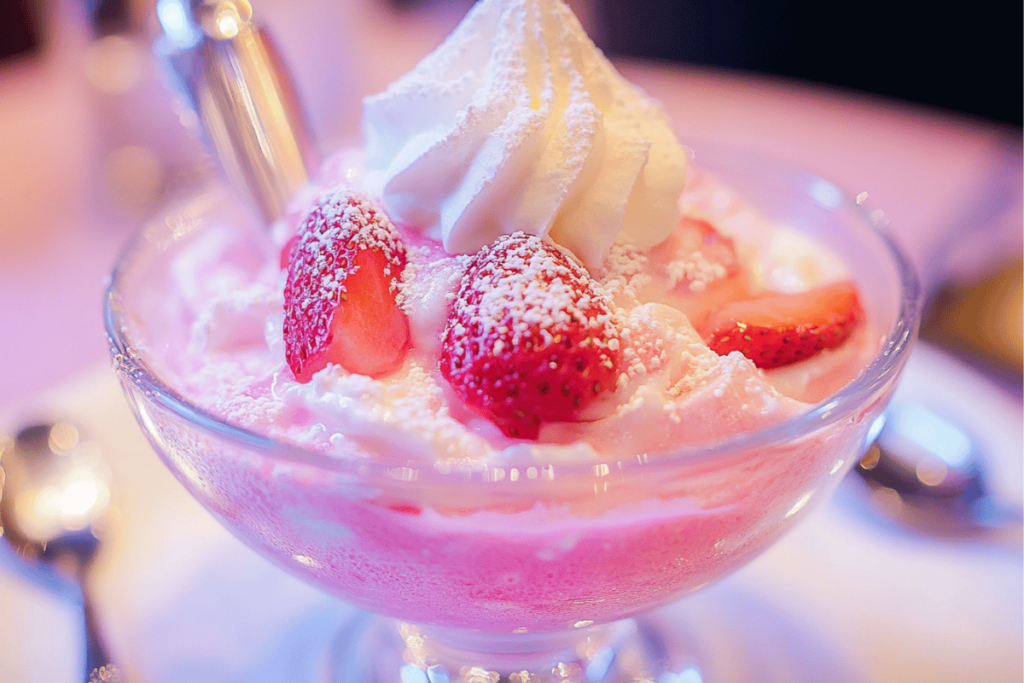 A clear dessert bowl filled with pastel-pink strawberry mousse, crowned with a fluffy dollop of whipped cream and a cherry on top, evoking nostalgic vibes.