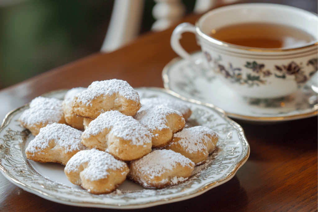 A plate of golden-brown rugelach cookies dusted with powdered sugar, arranged alongside a steaming cup of tea on a wooden table.