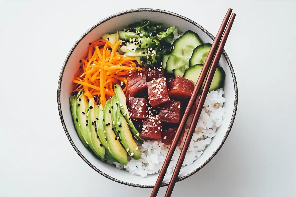 A colorful poke bowl featuring cubed bluefin tuna, avocado slices, shredded carrots, diced cucumber, and sesame seeds over sushi rice, garnished with chopsticks.