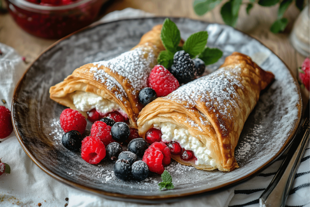 Flaky, golden puff pastry turnovers filled with creamy cottage cheese and garnished with powdered sugar and fresh berries, displayed on a rustic platter.