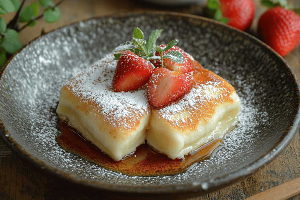 Delicate crepes rolled and filled with creamy cottage cheese, served with fresh strawberries, a drizzle of honey, and a light dusting of powdered sugar on a rustic ceramic plate.