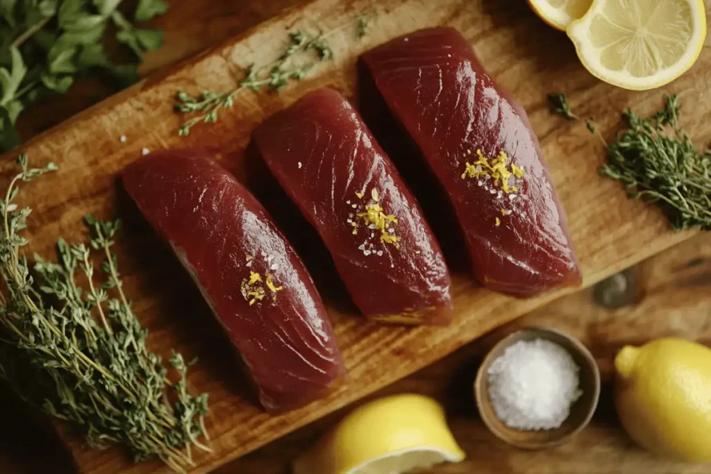 Fresh bluefin tuna fillets on a wooden cutting board, surrounded by lemon slices, herbs, and a bowl of sea salt, showcasing vibrant red flesh and freshness.