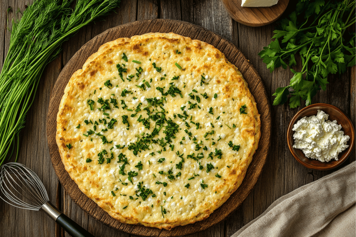 A golden brown cottage cheese flatbread on a rustic table with fresh herbs, cottage cheese, and a whisk.