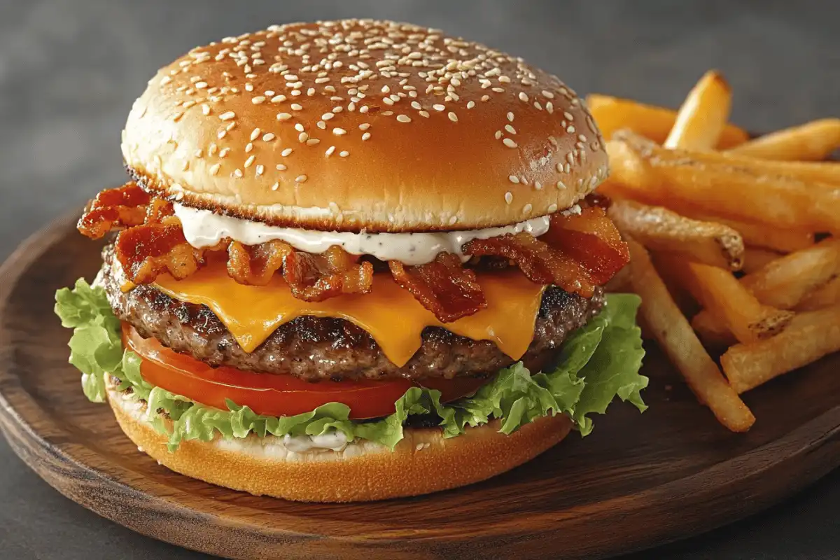 A juicy crack burger on a sesame seed bun with melted cheddar cheese, lettuce, tomato, and pickles, served on a wooden plate with fries.