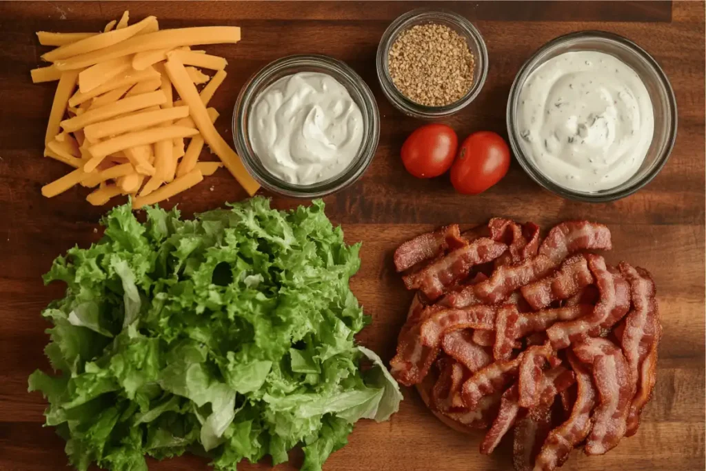 A neatly arranged spread of crack burger ingredients, including ground beef, ranch seasoning, cheddar cheese slices, fresh vegetables, and burger buns.