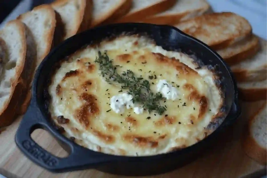 A warm, bubbly baked goat cheese dip served with crusty bread slices.