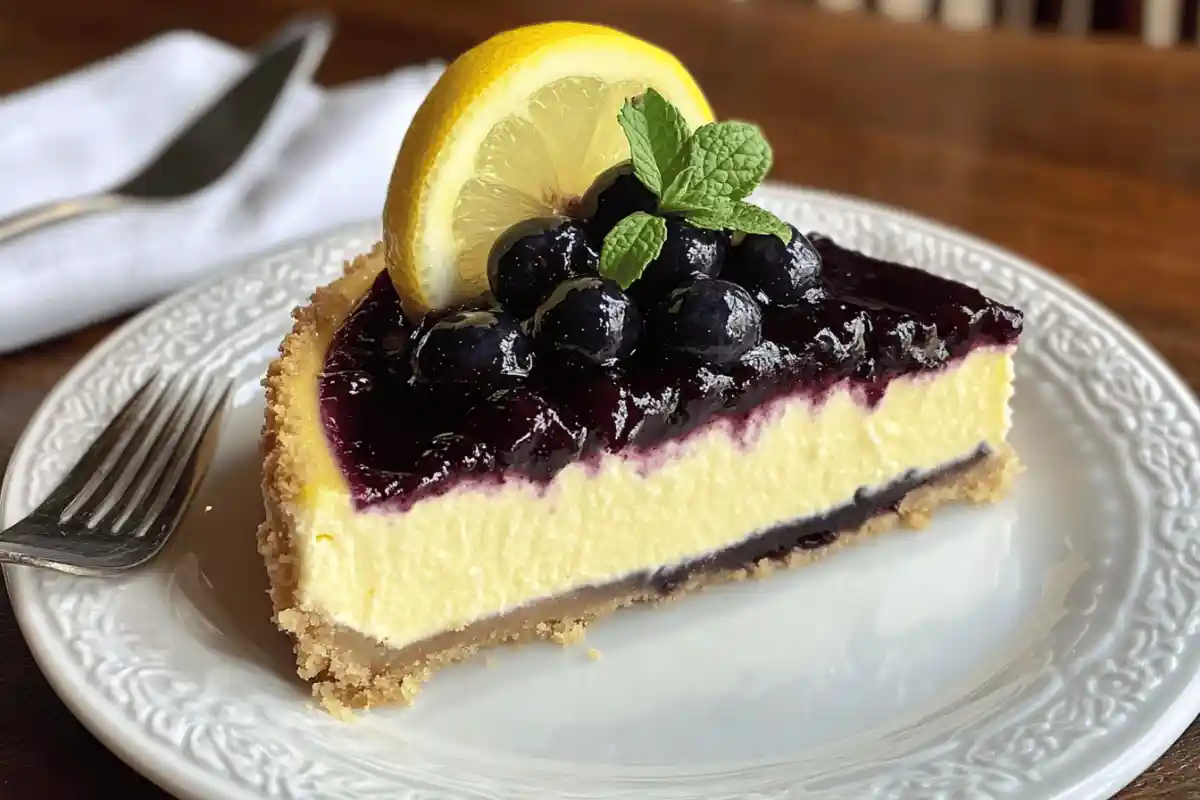 Lemon Blueberry Cheesecake with golden filling, blueberry compote, and lemon garnish on a rustic white plate.