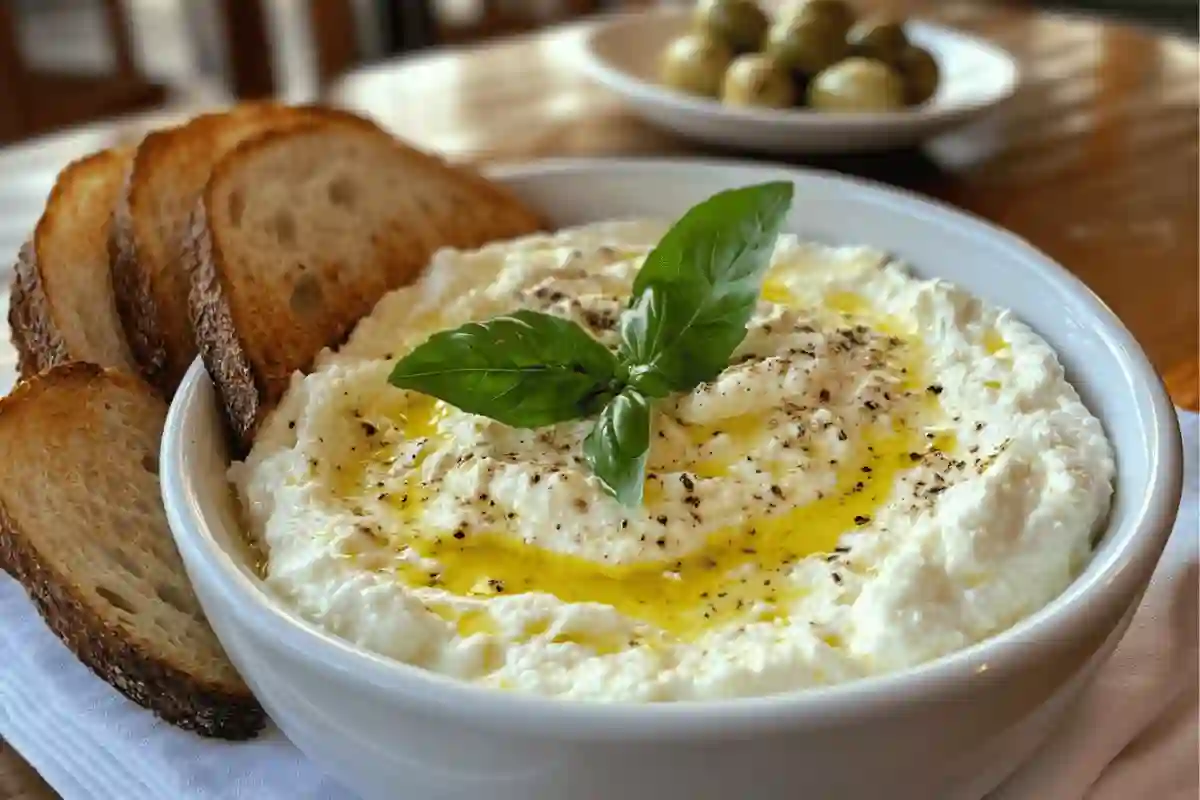 Creamy whipped ricotta dip in a white ceramic bowl, topped with olive oil drizzle, lemon zest, and fresh basil leaves.