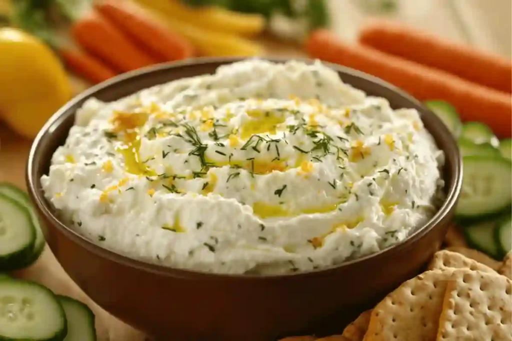 Whipped ricotta dip in a white bowl, garnished with fresh herbs, olive oil, and lemon zest, surrounded by toasted bread slices and fresh vegetables on a rustic wooden table.