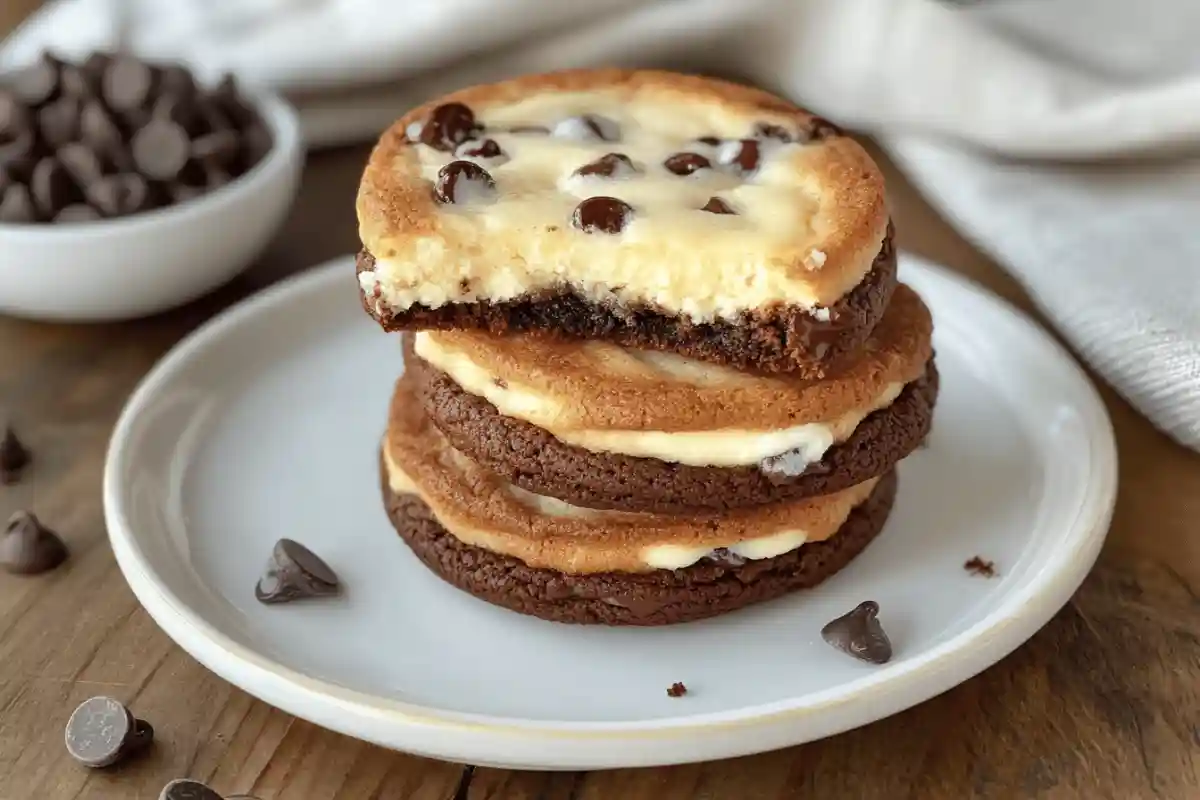 Golden-brown chocolate chip cheesecake cookies stacked on a white plate with melted chips, crumbs, and a cozy wooden table backdrop.