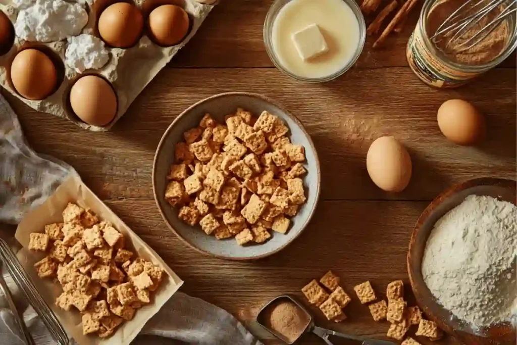 A flat lay of ingredients for Cinnamon Toast Crunch Cookies, including butter, sugar, eggs, flour, cinnamon, and the iconic cereal.