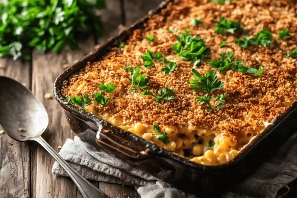 Golden baked macaroni and cheese with a crispy breadcrumb topping in a casserole dish.