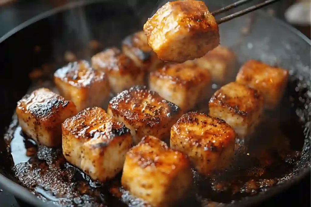 Chicken being pan-seared in a skillet with a golden crust for pasta.