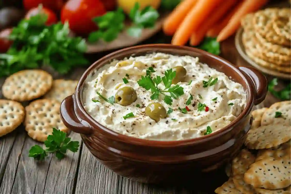 A bowl of cream cheese olive dip garnished with fresh herbs, surrounded by an assortment of crackers, carrots, and celery sticks on a rustic wooden table.