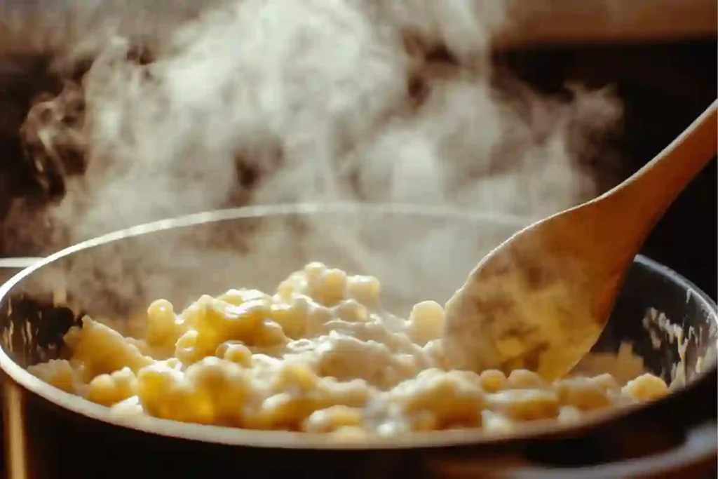 A pot of creamy mac and cheese being stirred with a wooden spoon.