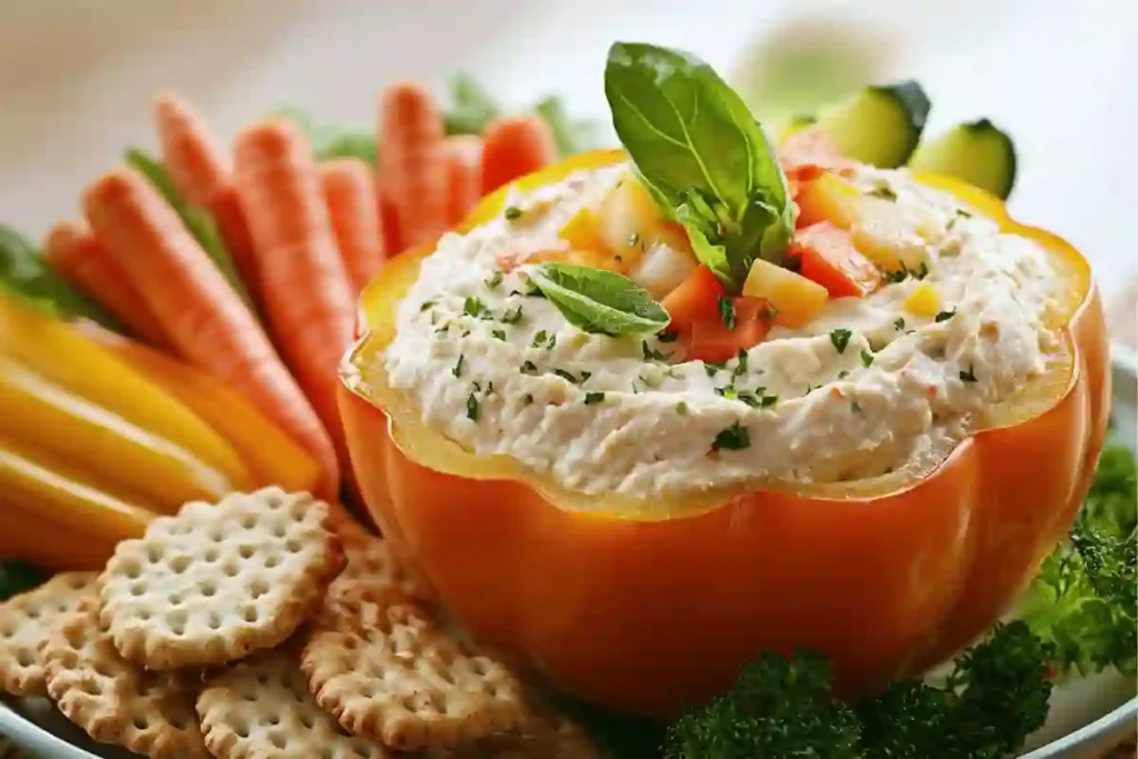 Cream cheese olive dip served in a hollowed-out bell pepper, surrounded by crackers, fresh vegetables, and crostini on a serving platter.