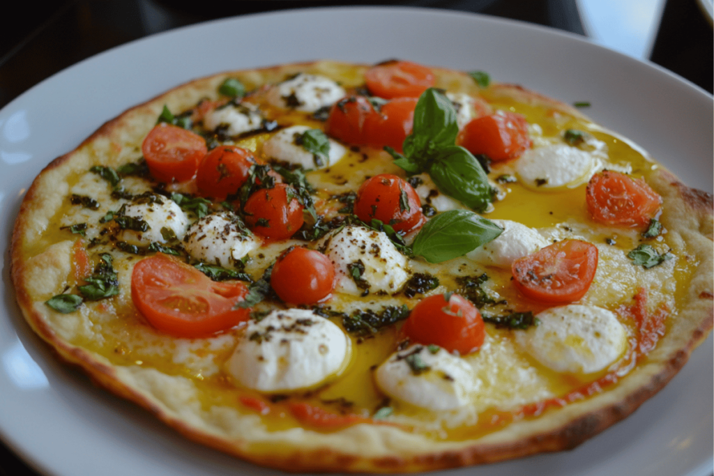 Cottage cheese flatbread as a pizza base topped with tomatoes, basil, and mozzarella.