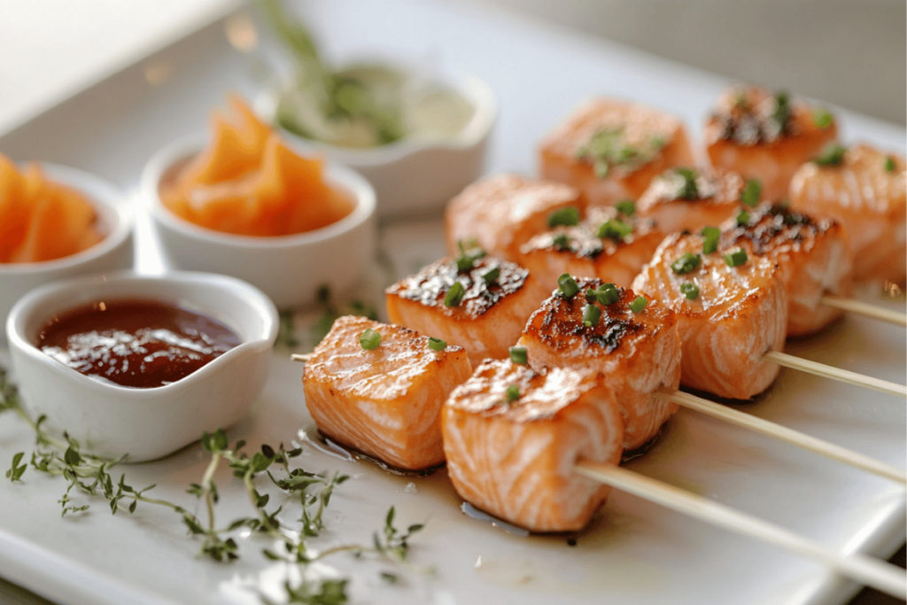 Salmon bites served on skewers with dipping sauces in small bowls on a white platter.