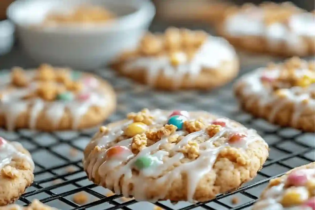 Cinnamon Toast Crunch Cookies drizzled with cinnamon glaze and topped with cereal pieces on a cooling rack.