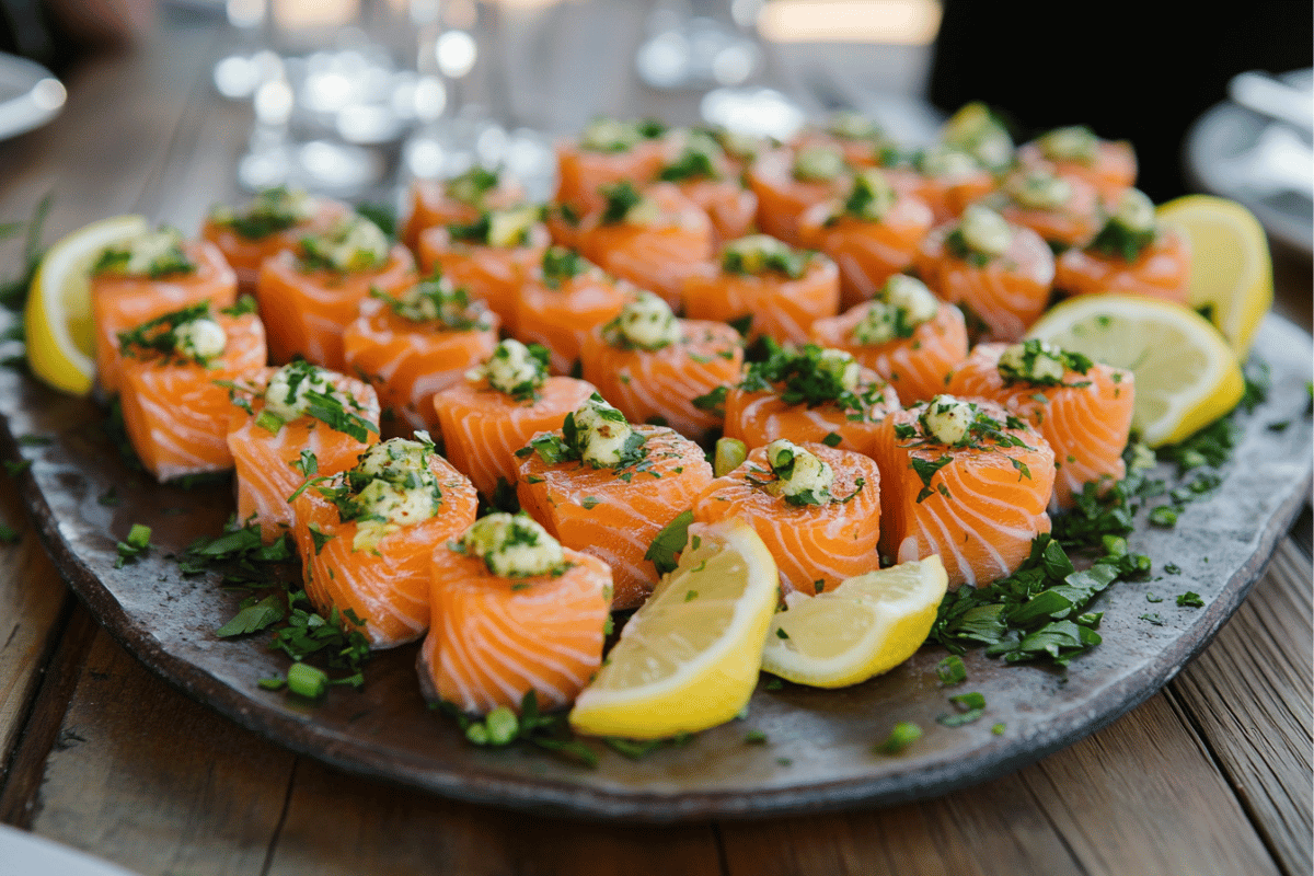 A beautifully arranged platter of bite-sized salmon appetizers garnished with fresh herbs and lemon slices