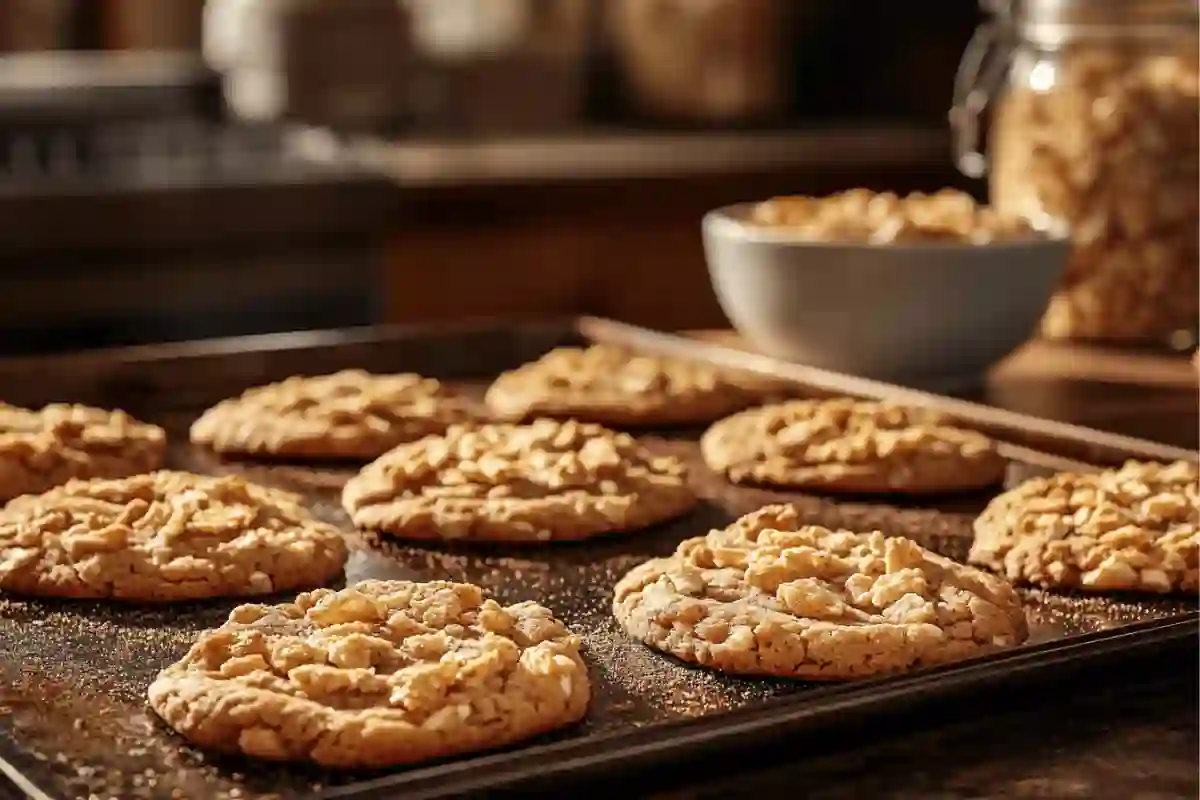 Golden brown Cinnamon Toast Crunch Cookies fresh out of the oven, placed on a baking tray with a sprinkle of crushed cereal.