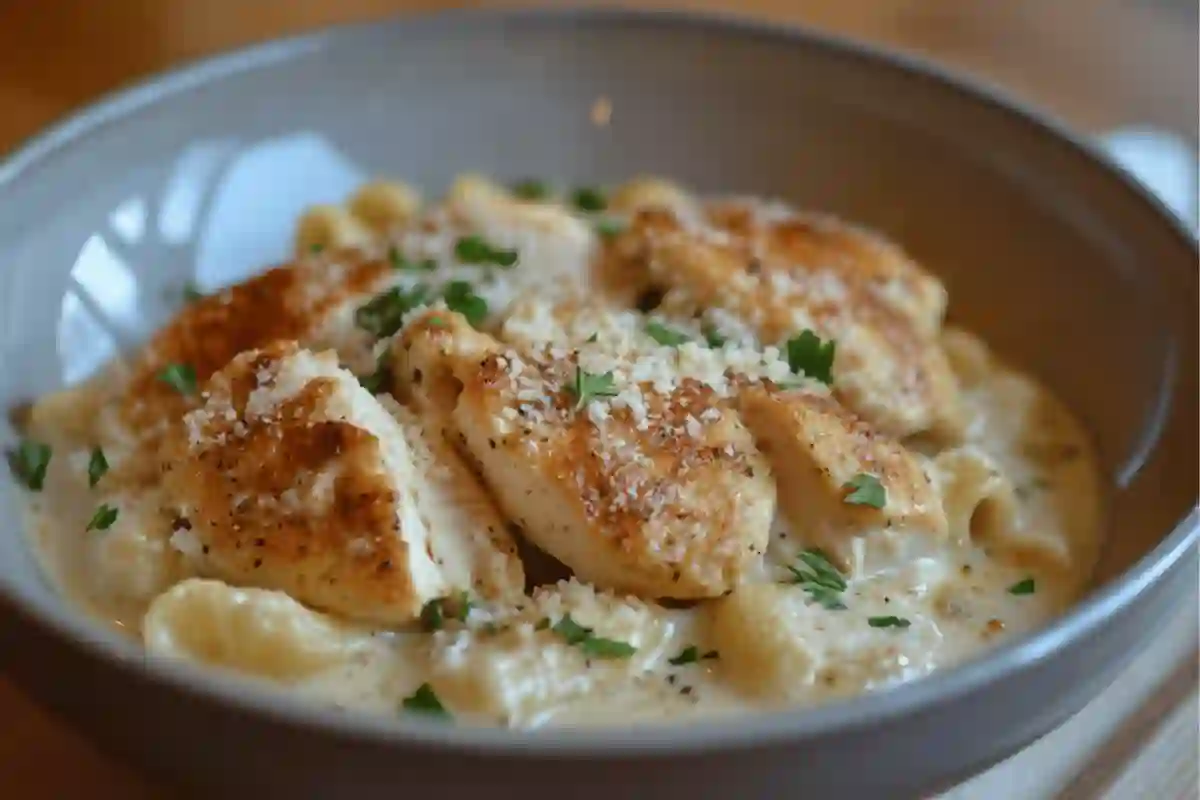 Creamy garlic parmesan chicken pasta served in a white bowl with fresh parsley and parmesan garnish.