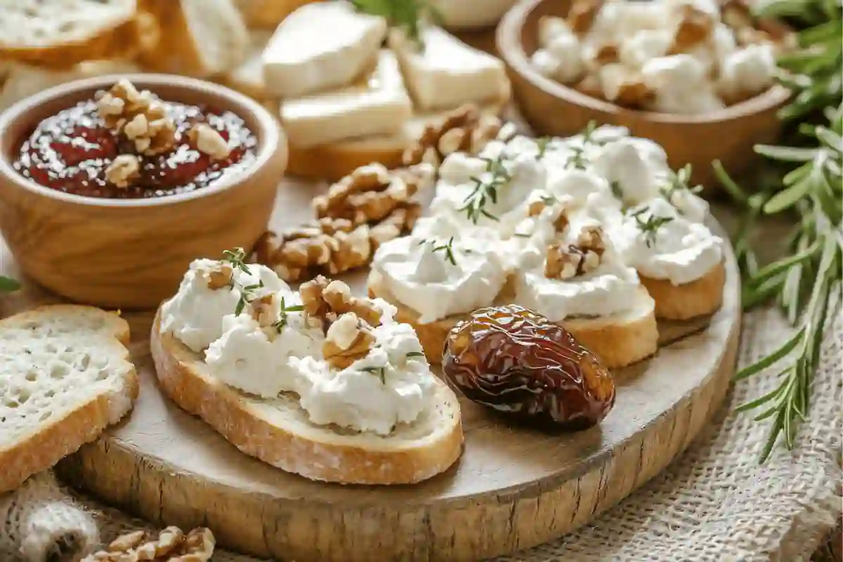 A beautifully arranged platter of goat cheese appetizers, including crostini, stuffed dates, and herbed spread.