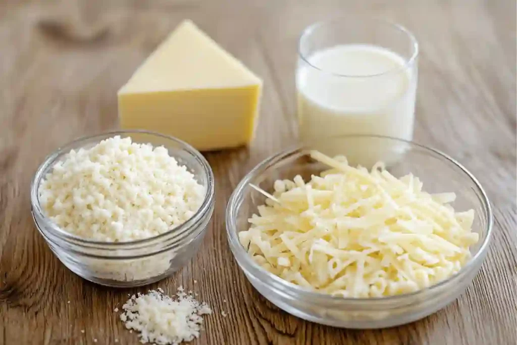 Ingredients for baked macaroni and cheese displayed on a wooden countertop.