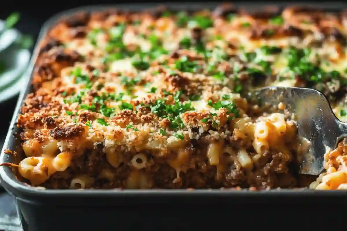 A golden-brown Mac and Cheese Meatloaf Casserole topped with melted cheese and breadcrumbs in a baking dish.