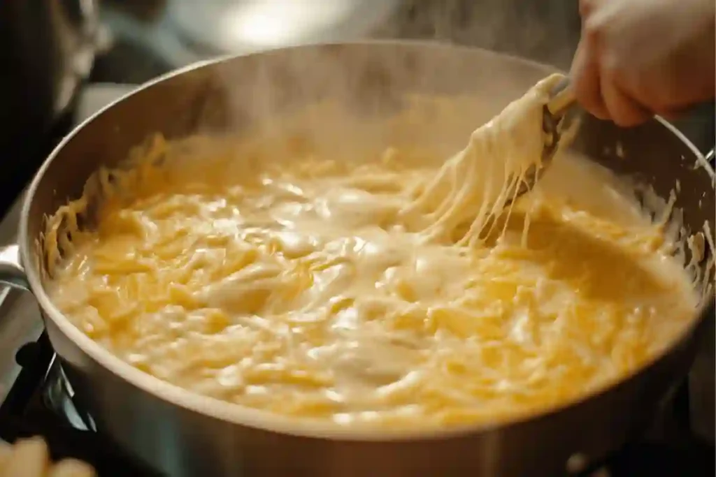 A hand stirring a creamy cheese sauce in a saucepan with visible cheese strings.