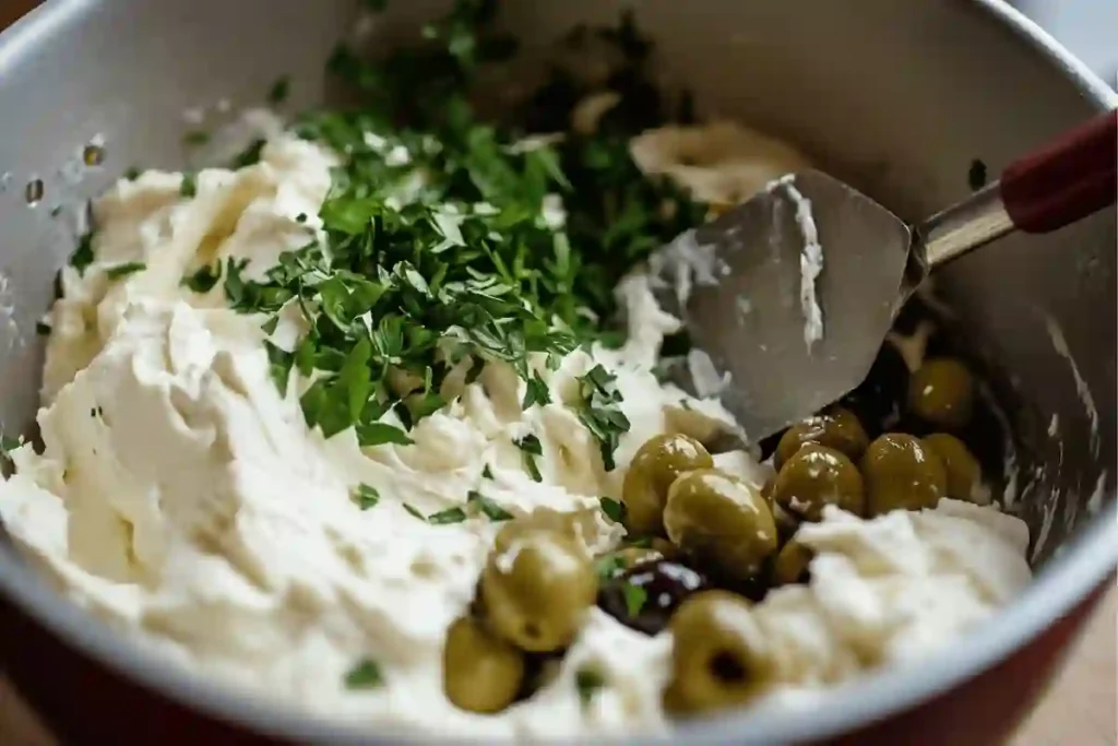 A bowl containing cream cheese, chopped olives, garlic, and herbs being mixed with a spatula.