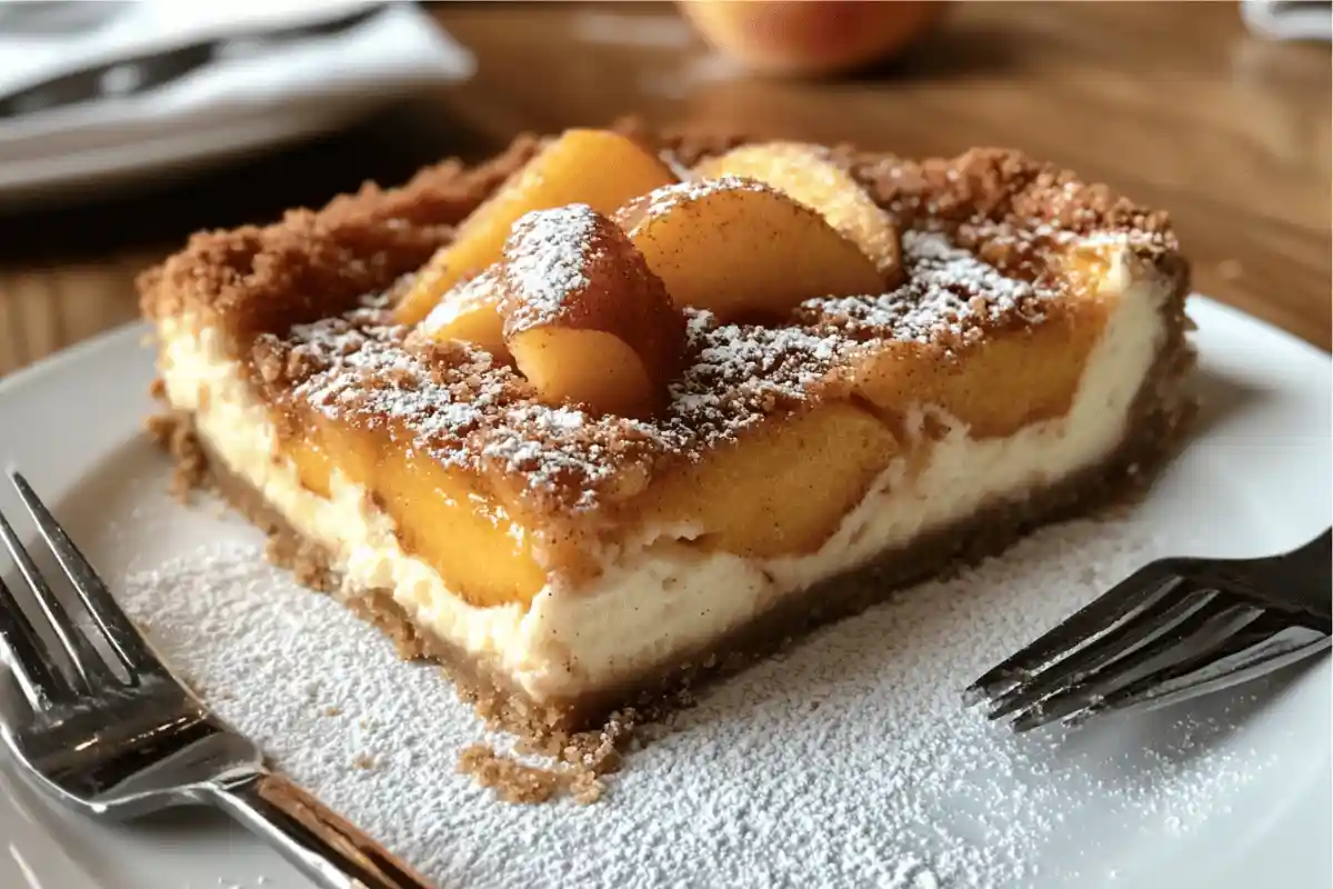 Peach cobbler cheesecake with caramelized peaches, cinnamon streusel, and a graham crust on a rustic table in warm lighting.