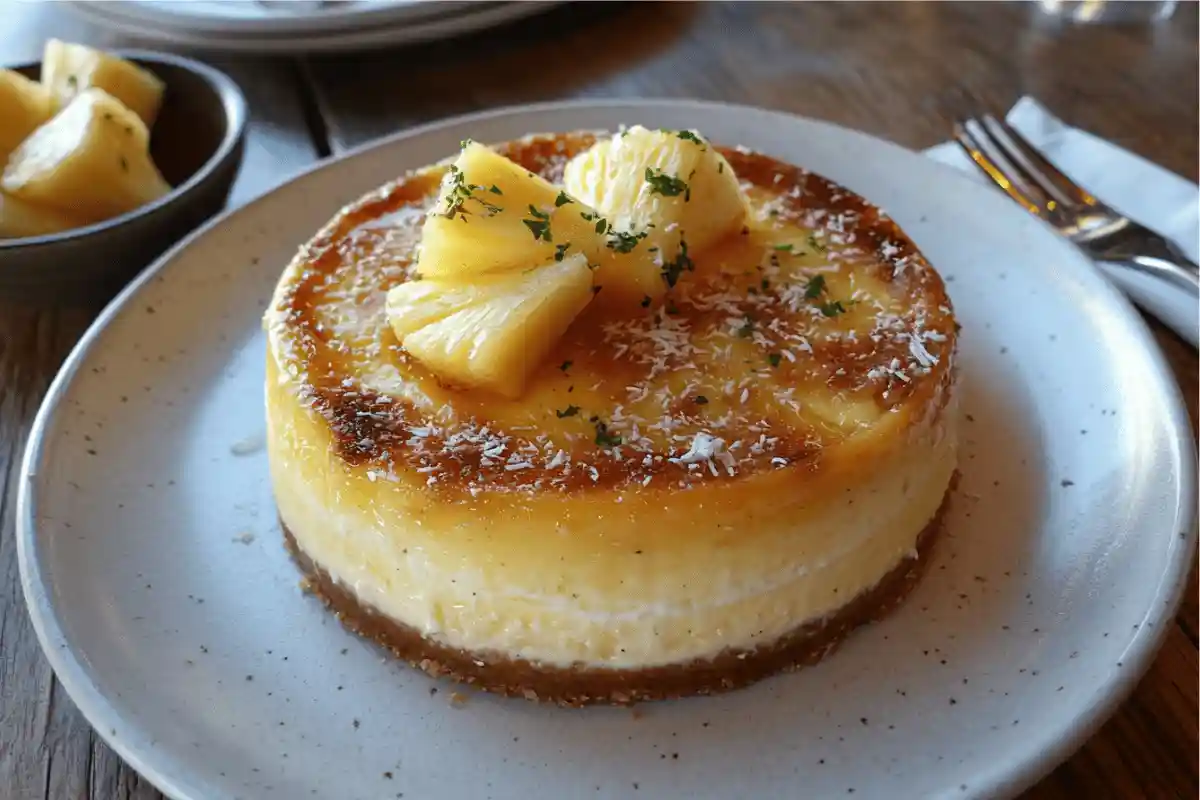 A creamy pineapple cheesecake with a golden top, pineapple glaze, fresh pineapple slices, and toasted coconut flakes on a white plate. Served on a rustic wooden table with a fork and napkin for a tropical touch.