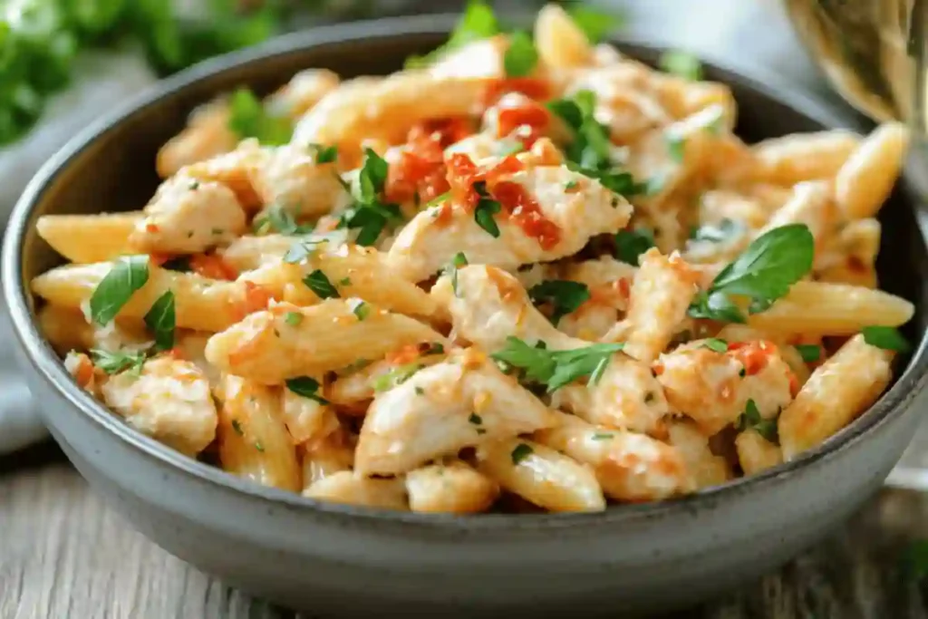 Garlic parmesan chicken pasta garnished with parsley, served on a rustic table