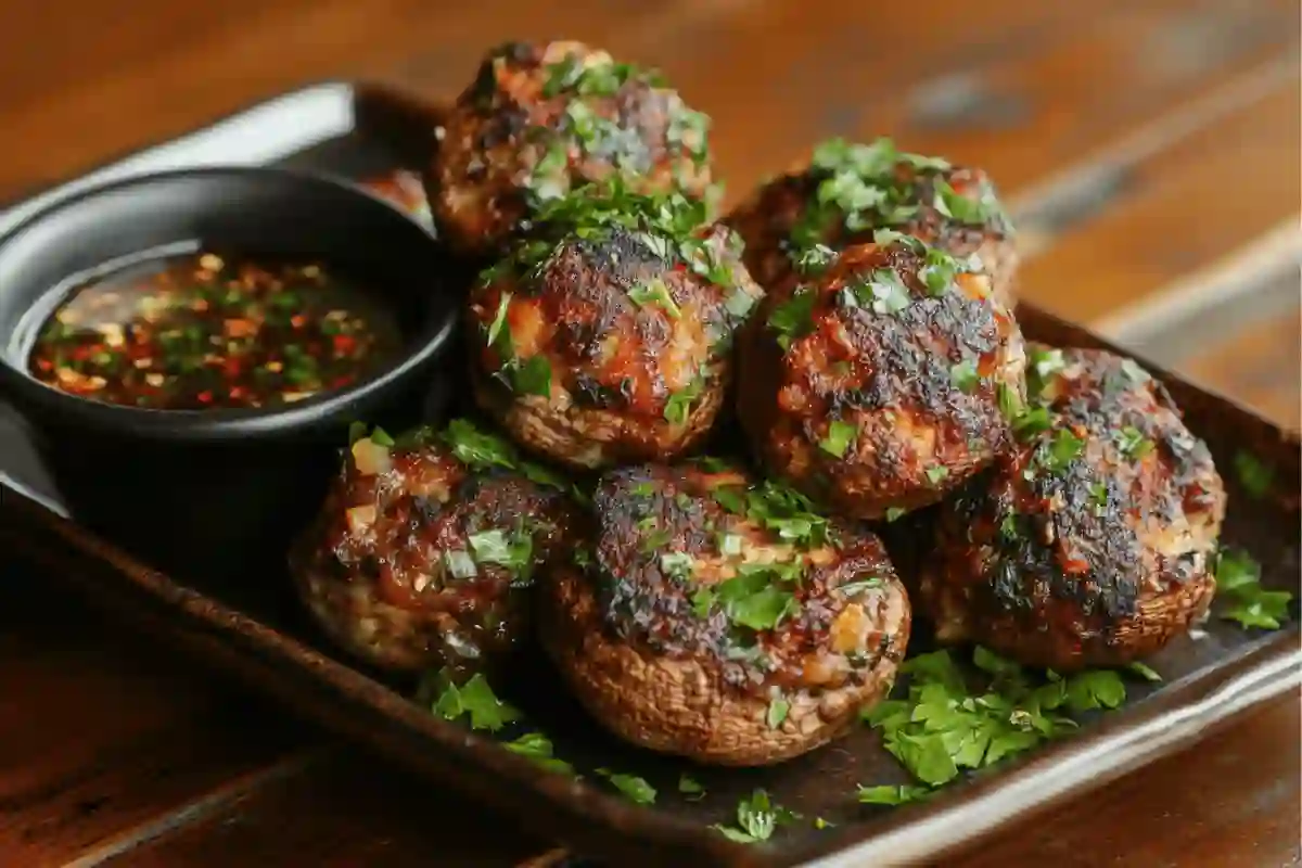 A serving plate of baked stuffed mushrooms garnished with parsley, with a side of dipping sauce.