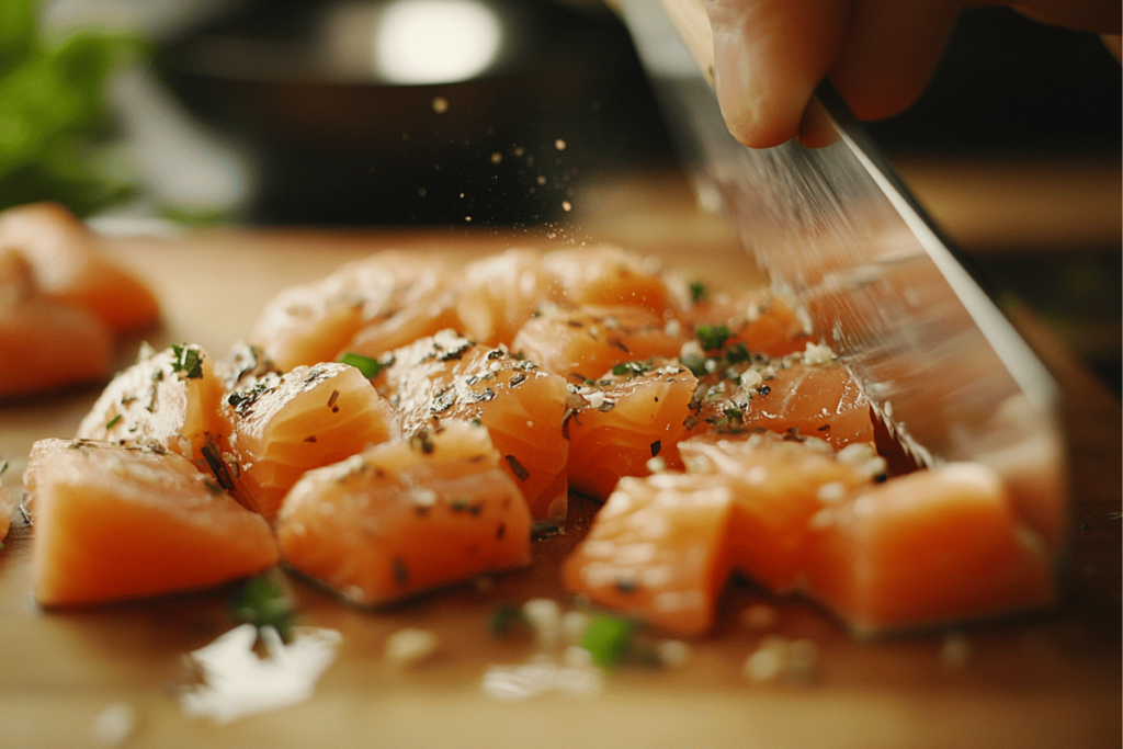 Fresh salmon being cut into bite-sized pieces with a sharp knife on a wooden cutting board.