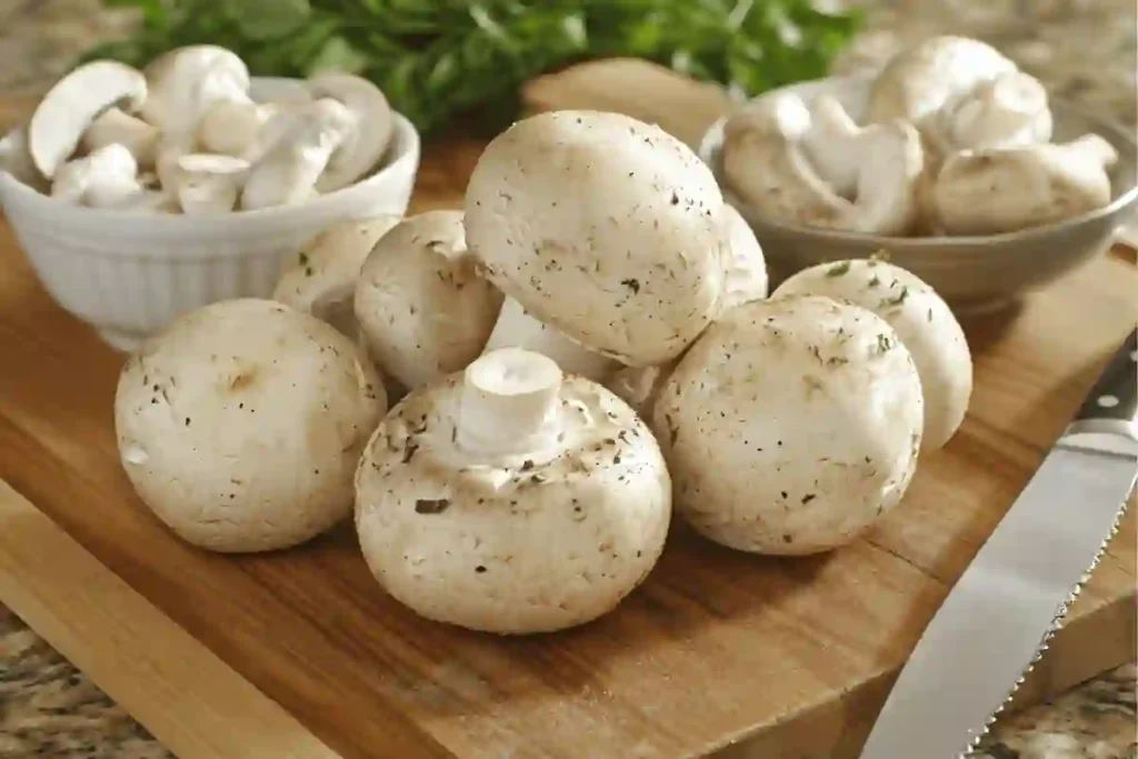 Cleaned large button mushrooms ready for stuffing with a knife and a bowl of stems on a cutting board.